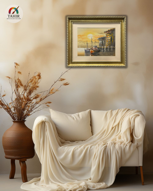 🚤 Sunset Boat Scenery Wall Art – 18x24" | Framed Painting for Home Décor 🖼️🌅