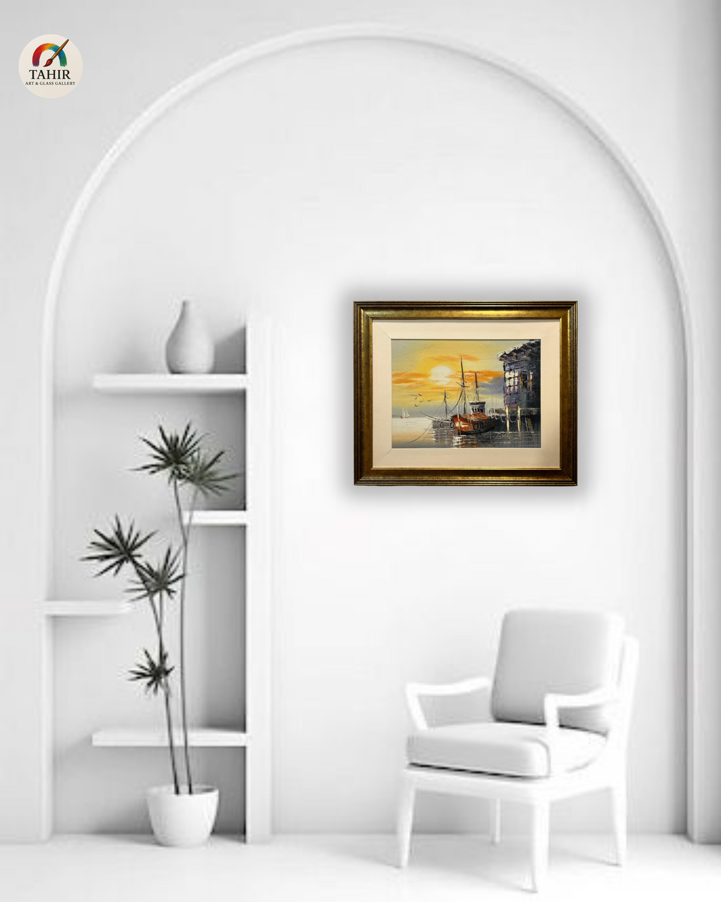 🚤 Sunset Boat Scenery Wall Art – 18x24" | Framed Painting for Home Décor 🖼️🌅