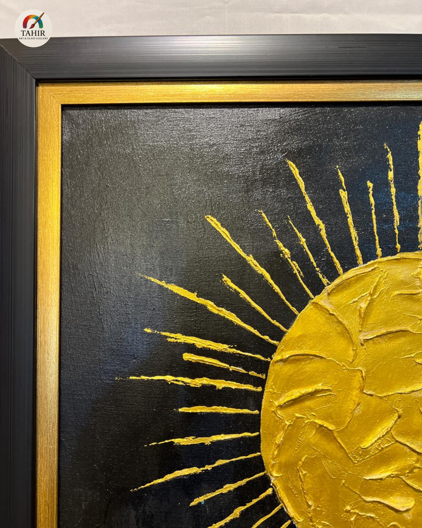 Original Hand-Painted Abstract Gold Sun Oil Painting on Canvas | Modern Black & Gold Wall Art | 24x36