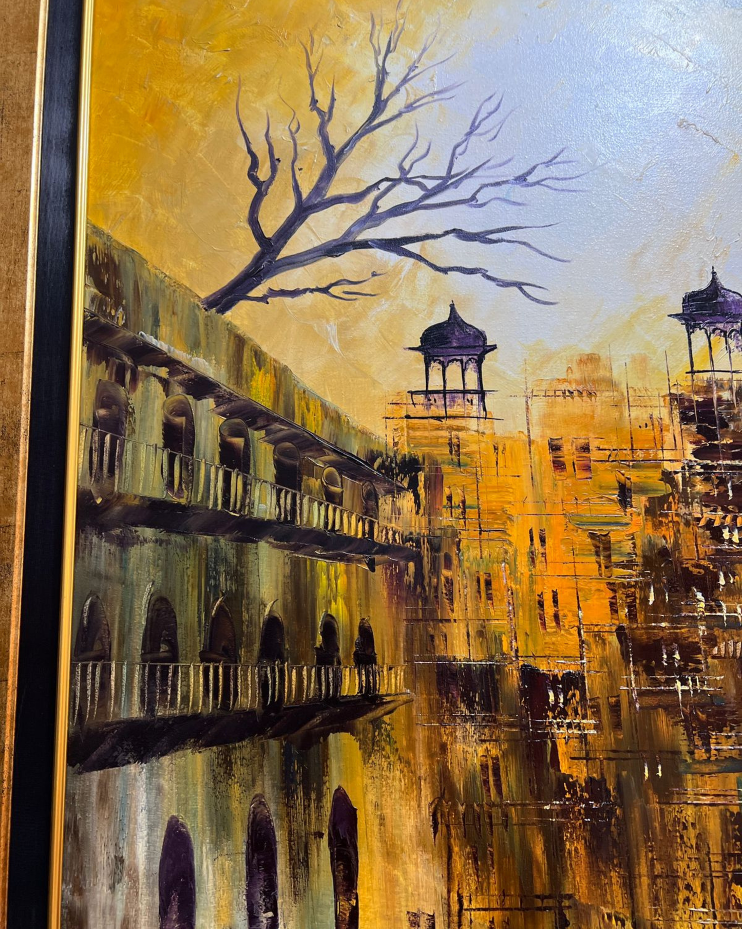 Golden Cityscape Painting – Handmade Oil on Canvas (42x54")