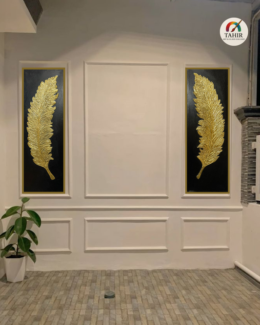 "Golden Feather Wall Art – 12x36” (Set of 2) | Luxurious Black & Gold Decor 🖼️✨"