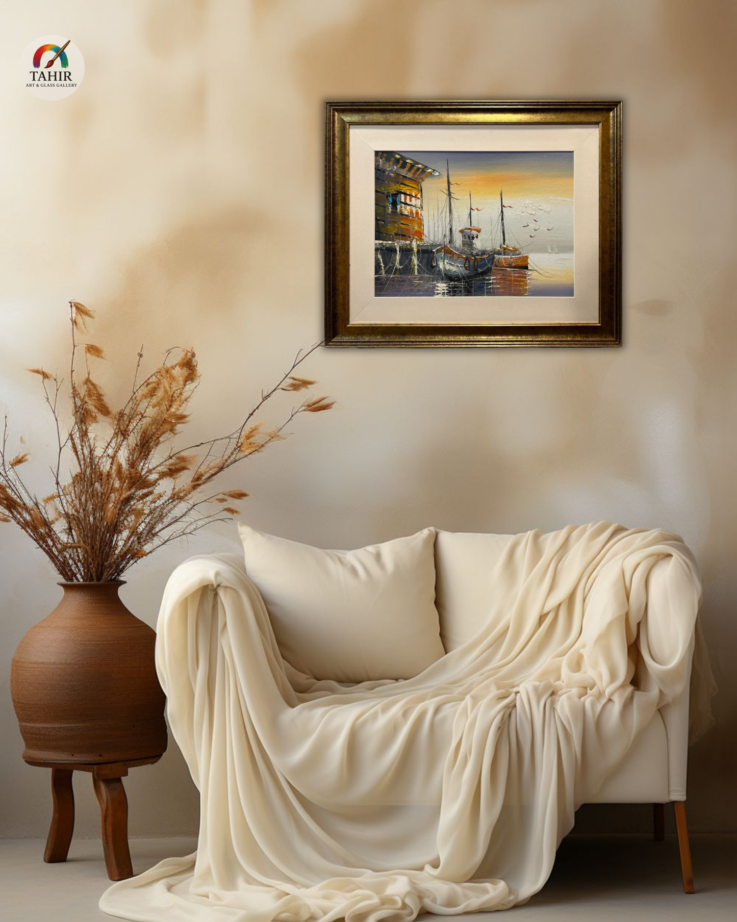 🚤 Sunset Boat Scenery Wall Art – 18x24" | Framed Painting for Home Décor 🖼️🌅