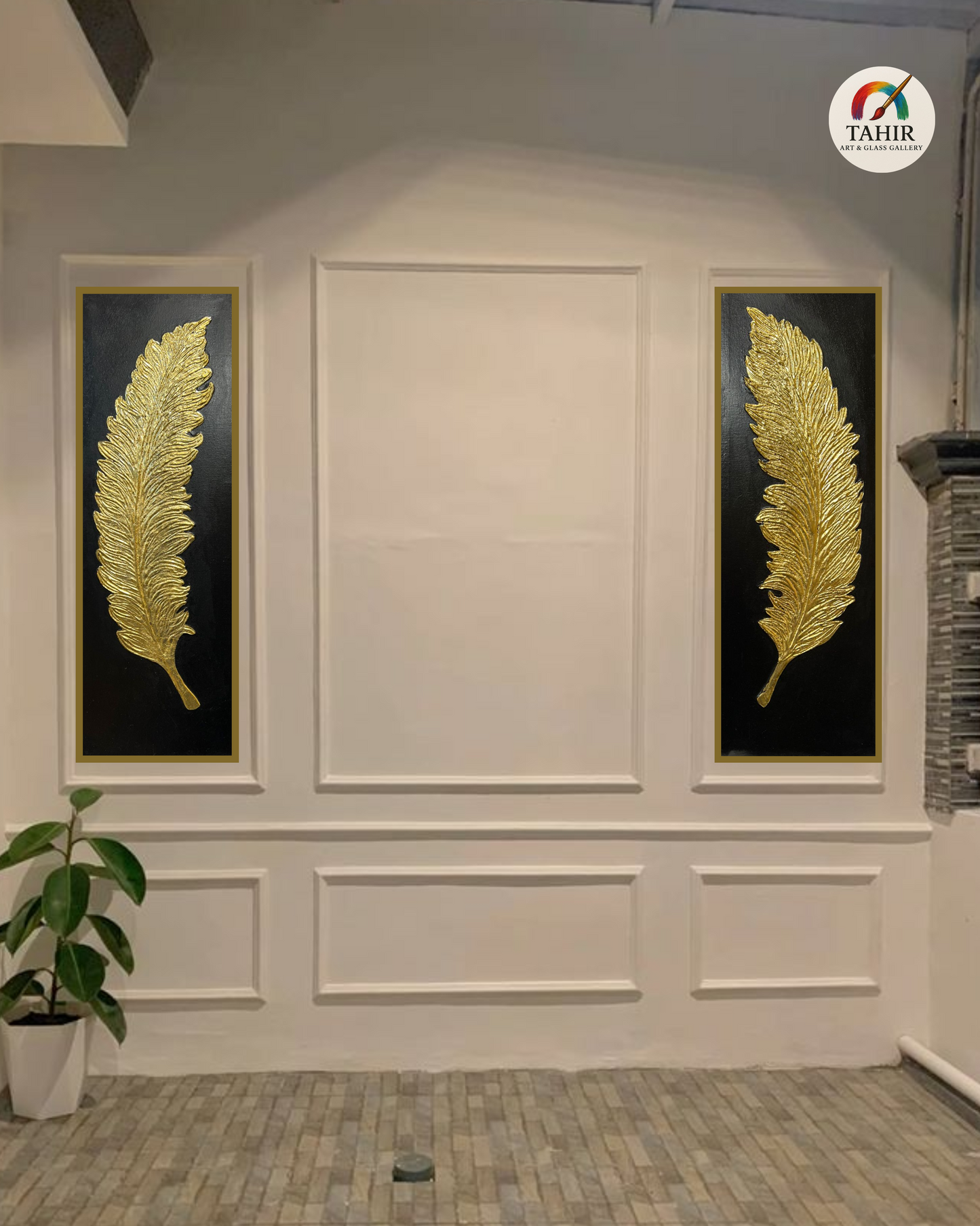 "Golden Feather Wall Art – 12x36” (Set of 2) | Luxurious Black & Gold Decor 🖼️✨"