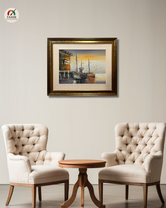 🚤 Sunset Boat Scenery Wall Art – 18x24" | Framed Painting for Home Décor 🖼️🌅