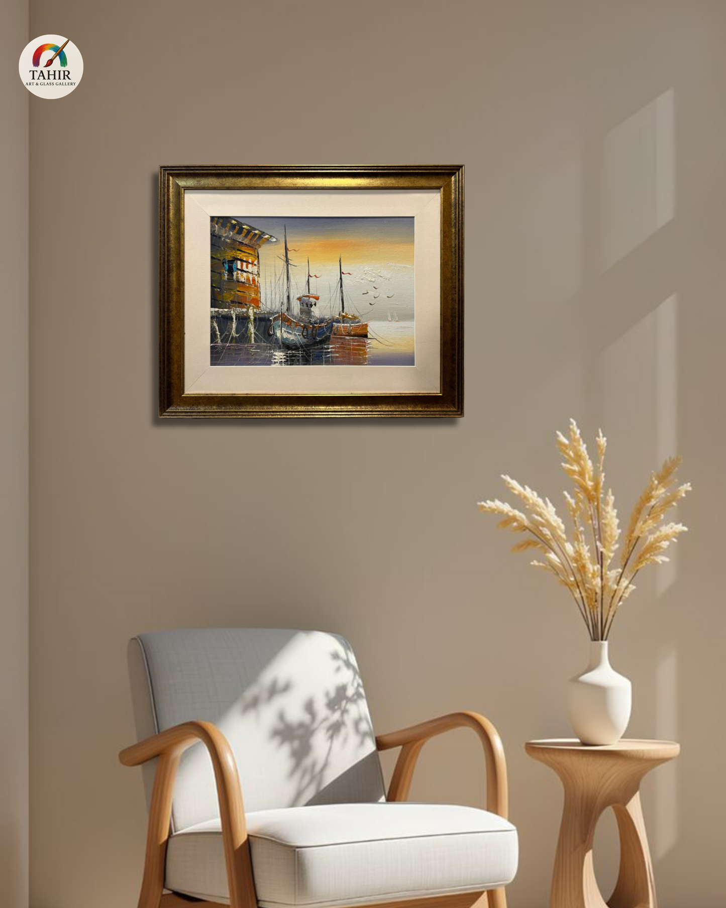 🚤 Sunset Boat Scenery Wall Art – 18x24" | Framed Painting for Home Décor 🖼️🌅