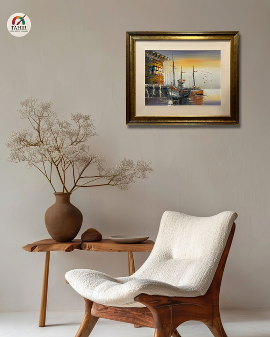 🚤 Sunset Boat Scenery Wall Art – 18x24" | Framed Painting for Home Décor 🖼️🌅