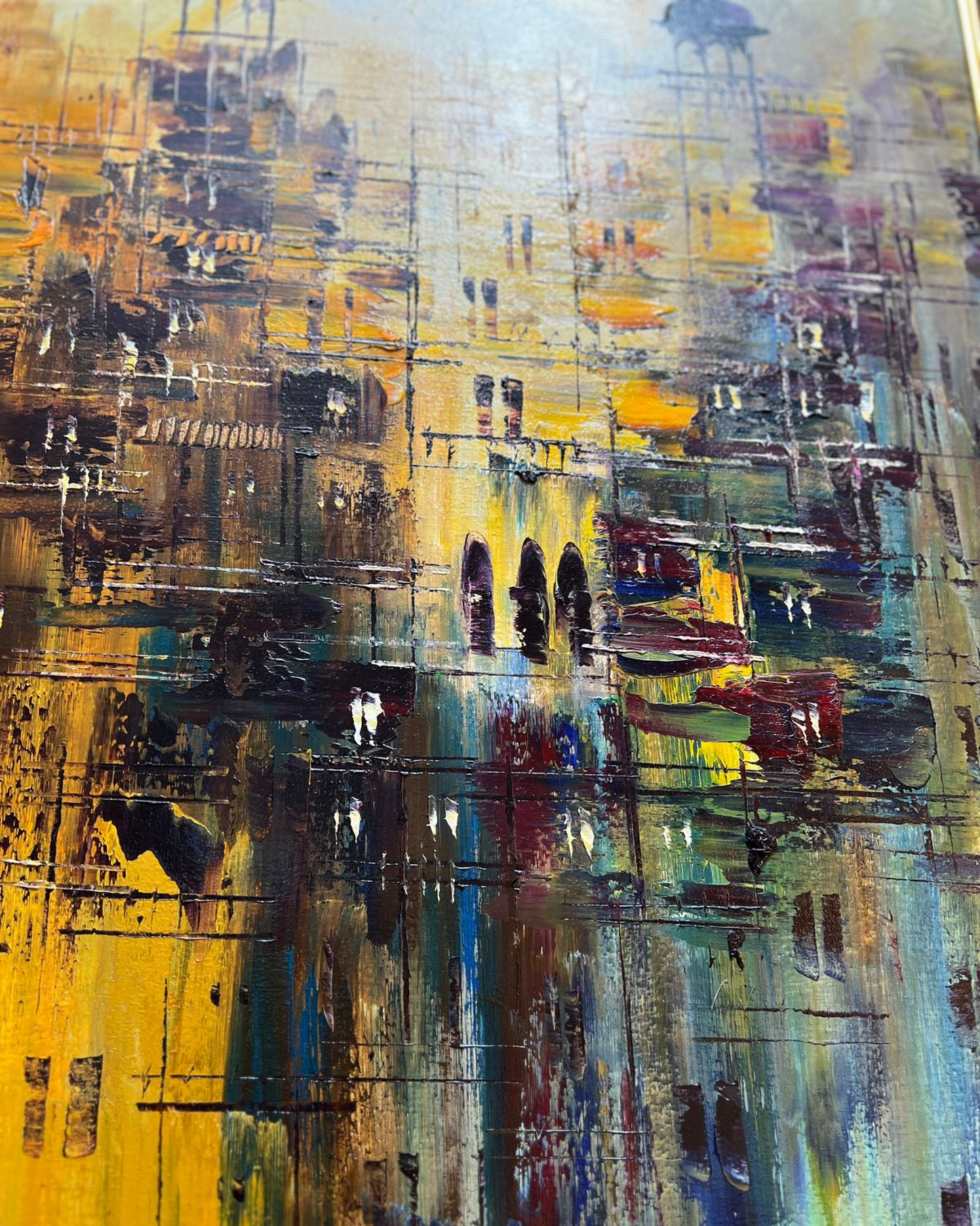 Golden Cityscape Painting – Handmade Oil on Canvas (42x54")