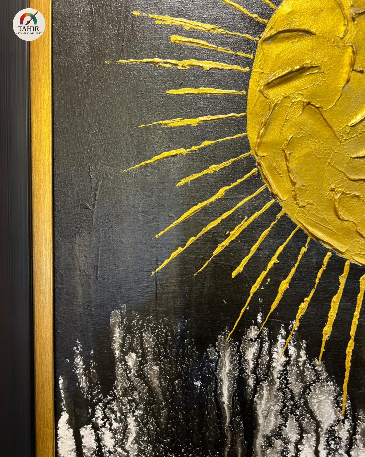 Original Hand-Painted Abstract Gold Sun Oil Painting on Canvas | Modern Black & Gold Wall Art | 24x36