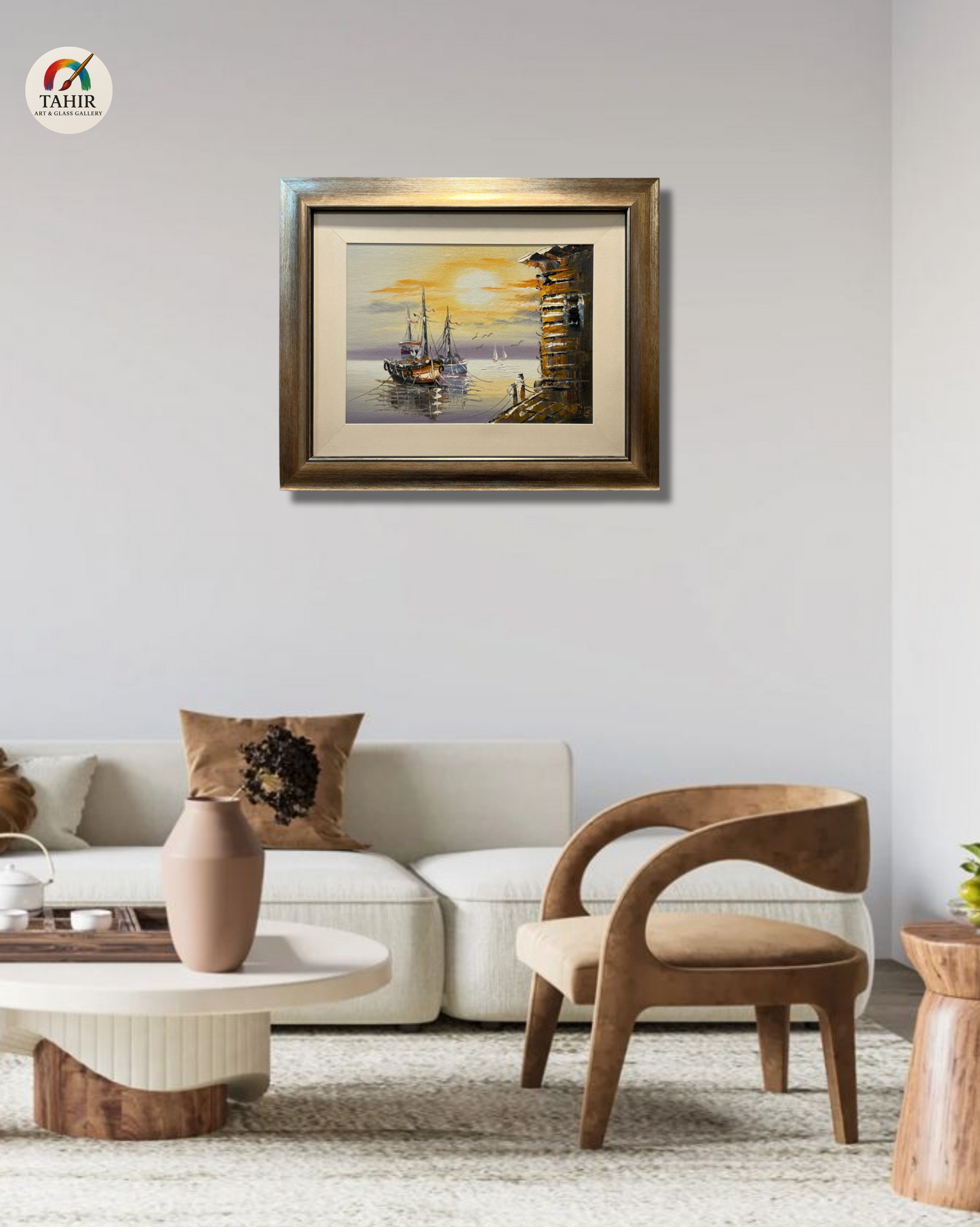🚤 Sunset Boat Scenery Wall Art – 18x24" | Framed Painting for Home Décor 🖼️🌅