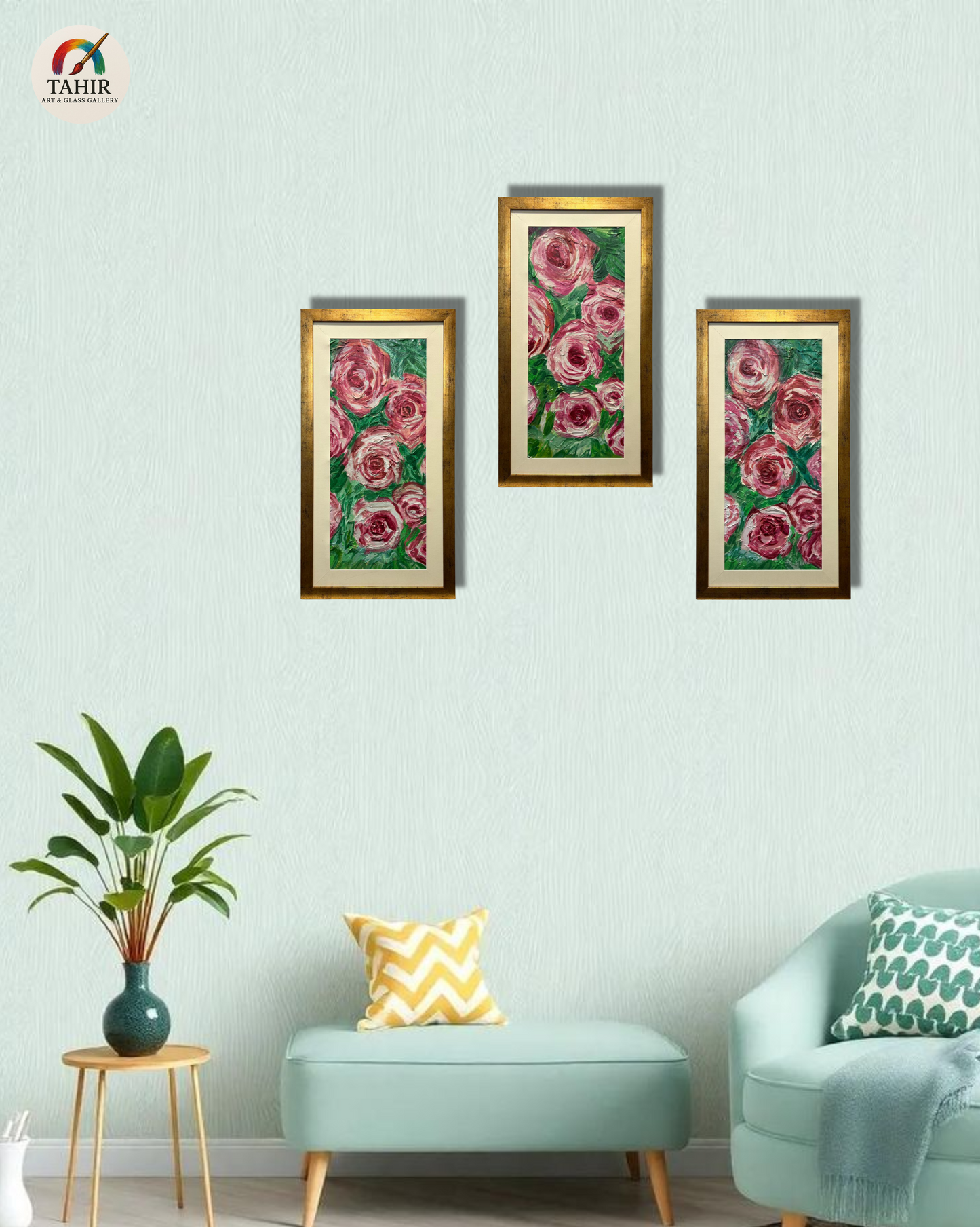 🌸 Floral Wall Art – Set of 3 | Pink Rose Paintings with Golden Frame 🖼️💐