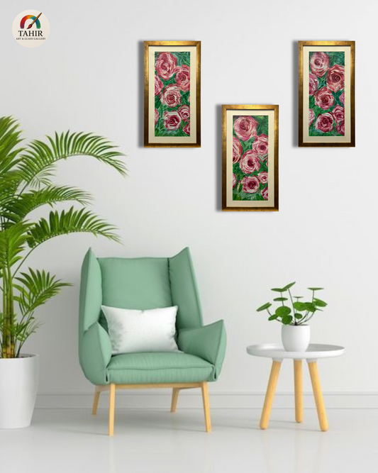 🌸 Floral Wall Art – Set of 3 | Pink Rose Paintings with Golden Frame 🖼️💐