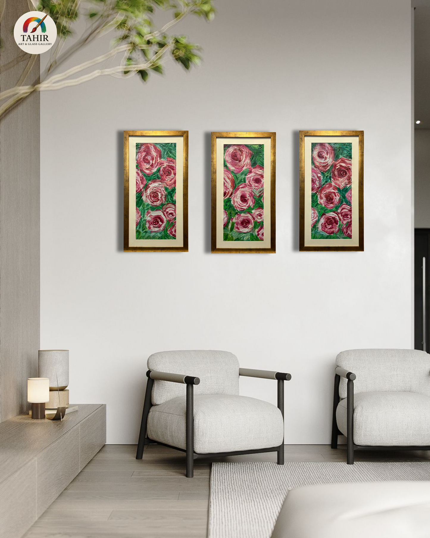 🌸 Floral Wall Art – Set of 3 | Pink Rose Paintings with Golden Frame 🖼️💐