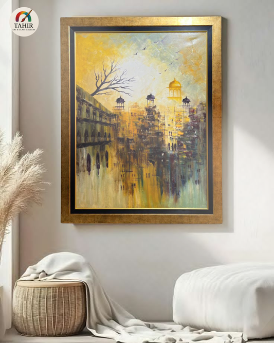 Golden Cityscape Painting – Handmade Oil on Canvas (42x54")