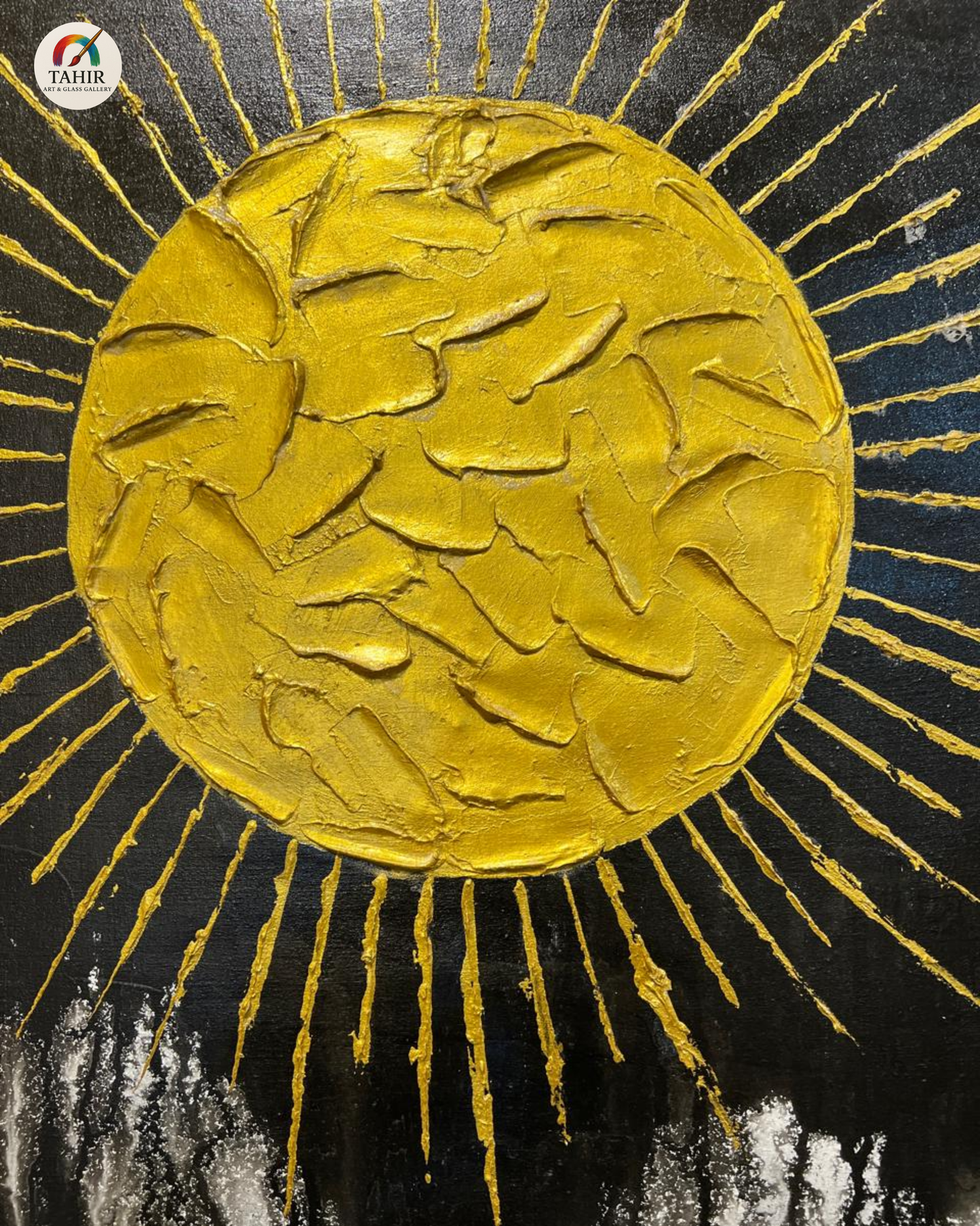Original Hand-Painted Abstract Gold Sun Oil Painting on Canvas | Modern Black & Gold Wall Art | 24x36