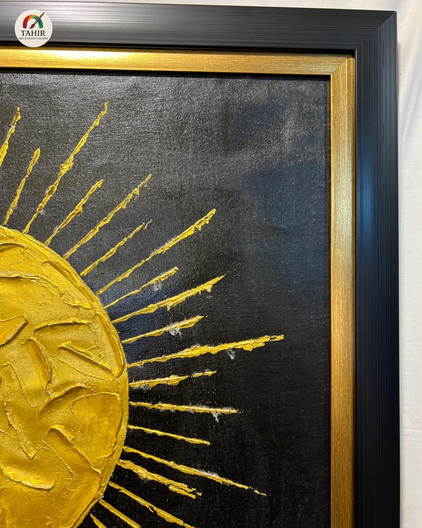 Original Hand-Painted Abstract Gold Sun Oil Painting on Canvas | Modern Black & Gold Wall Art | 24x36