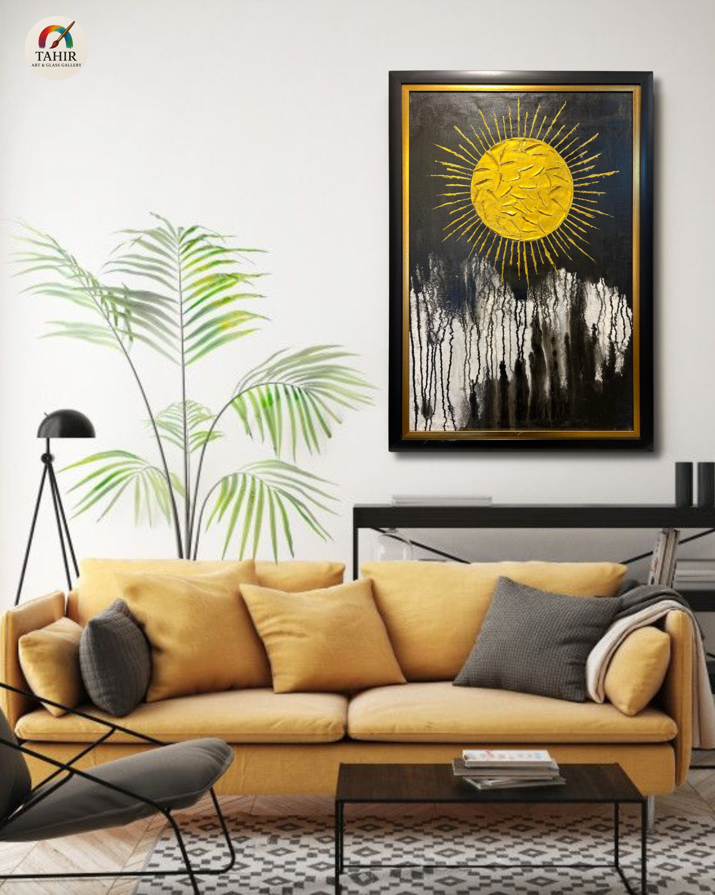Original Hand-Painted Abstract Gold Sun Oil Painting on Canvas | Modern Black & Gold Wall Art | 24x36