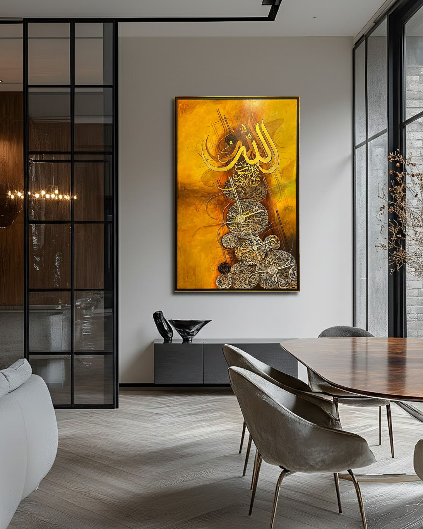 Allah Name Islamic Calligraphy Art in Rich Golden Tones – Size 36 × 60 Inches