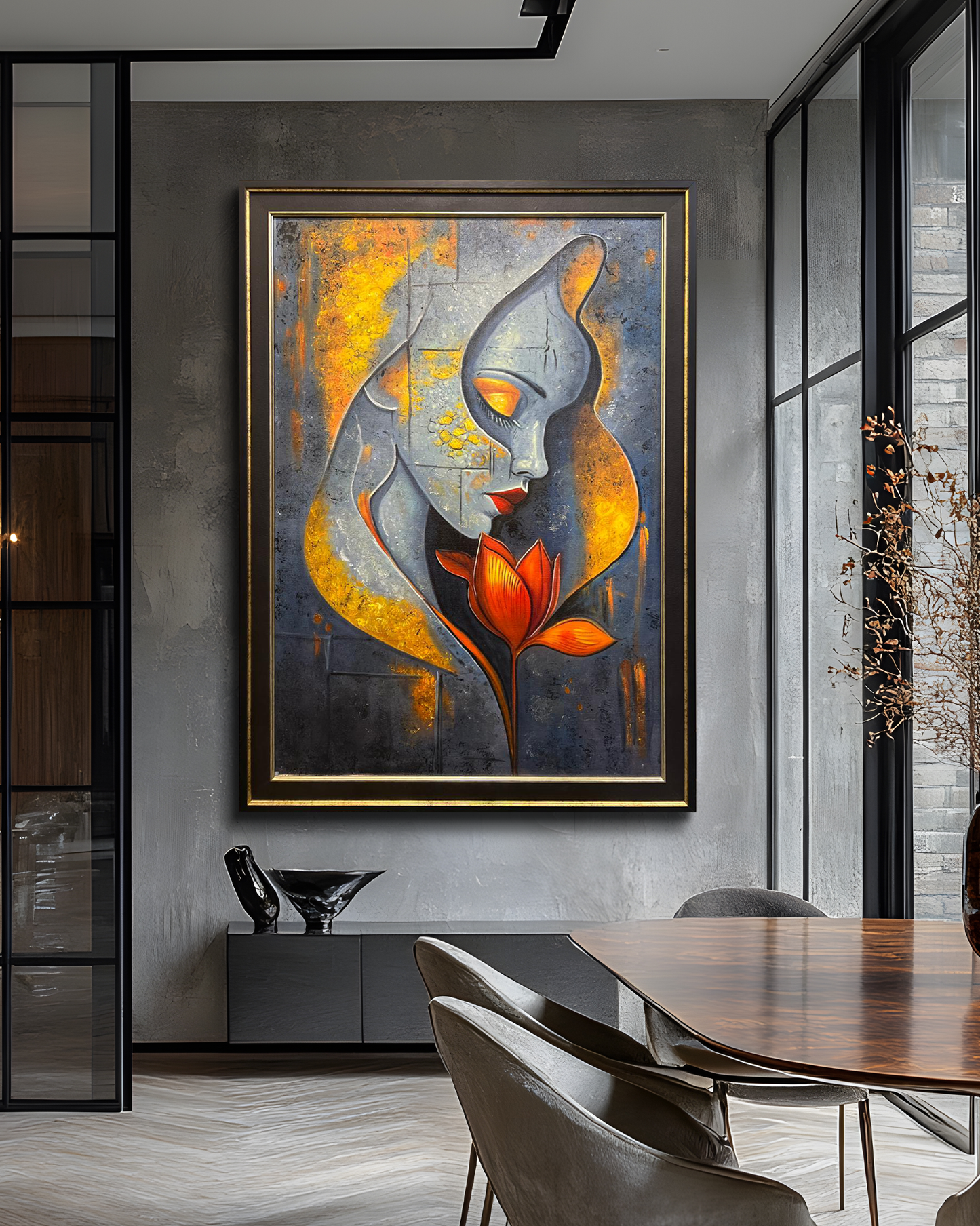 Abstract Woman With Flower – Handmade Oil Painting 30×42 in