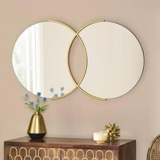 "Modern Overlapping Circle Wall Mirror – Gold Frame Accent"