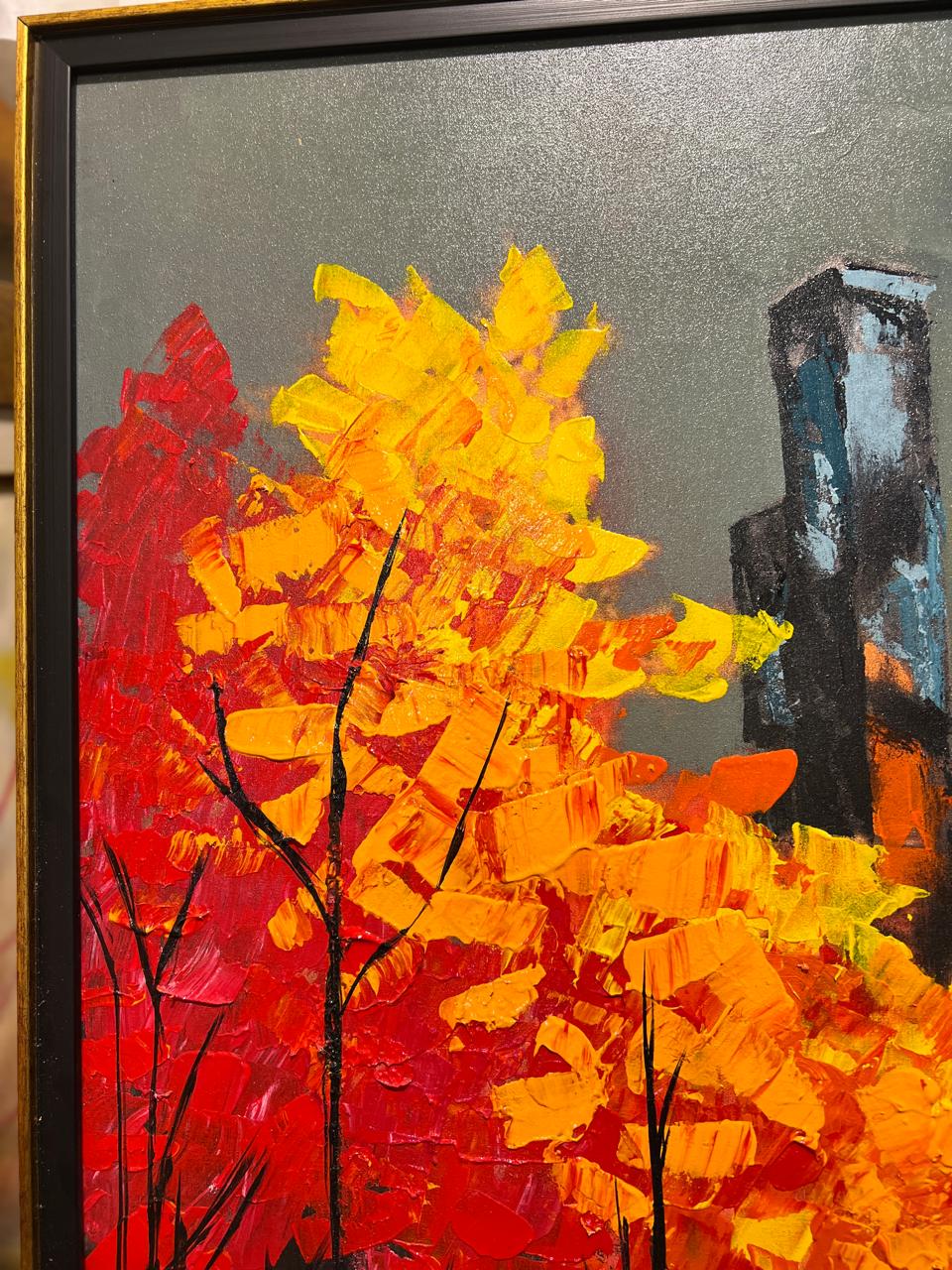 Autumn Reflections Cityscape – Handmade Oil Painting 36×48 in