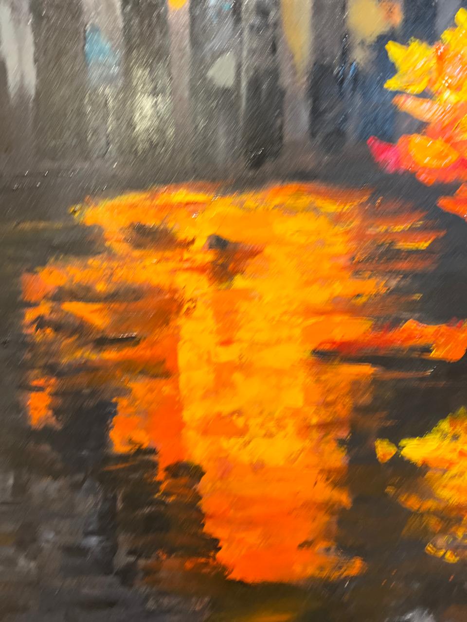 Autumn Reflections Cityscape – Handmade Oil Painting 36×48 in