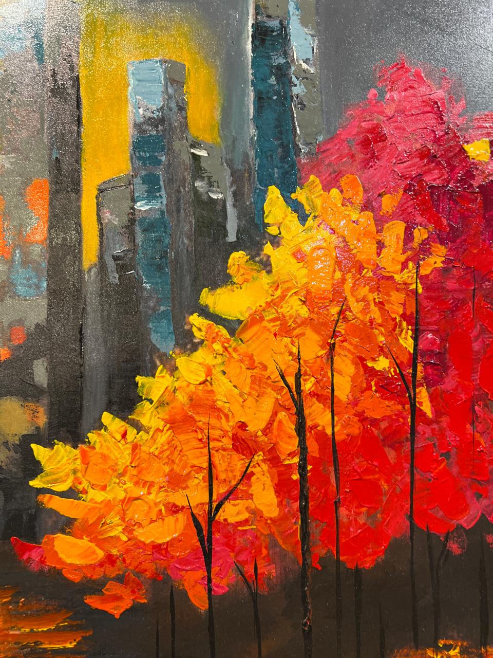 Autumn Reflections Cityscape – Handmade Oil Painting 36×48 in