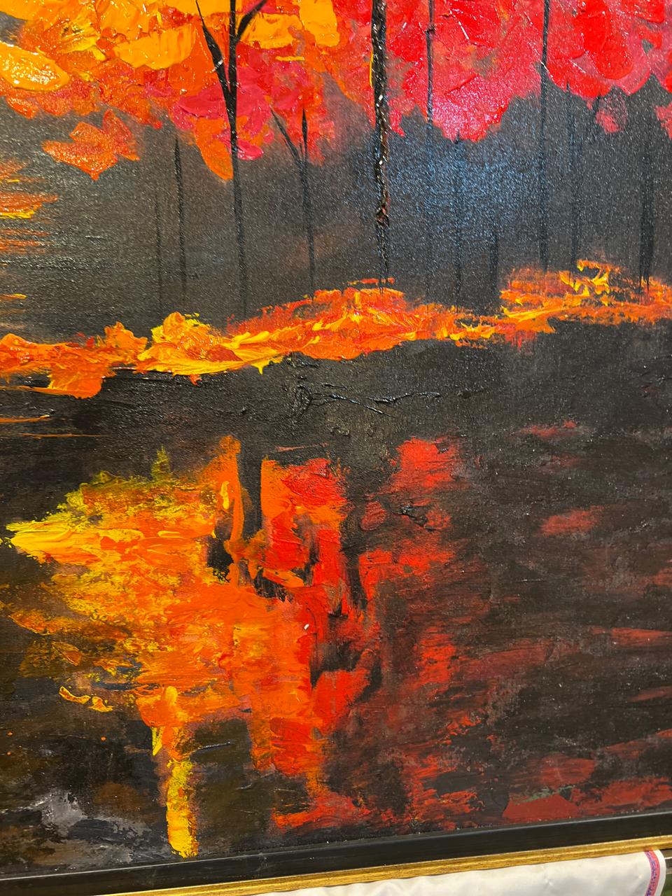 Autumn Reflections Cityscape – Handmade Oil Painting 36×48 in