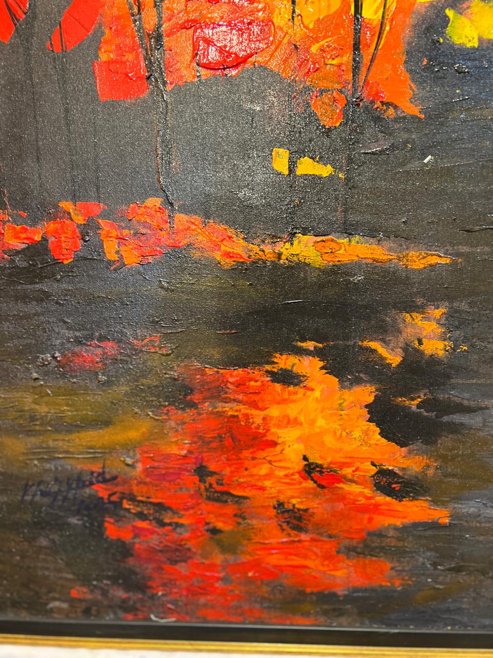 Autumn Reflections Cityscape – Handmade Oil Painting 36×48 in