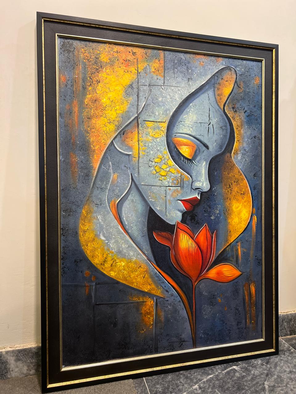 Abstract Woman With Flower – Handmade Oil Painting 30×42 in