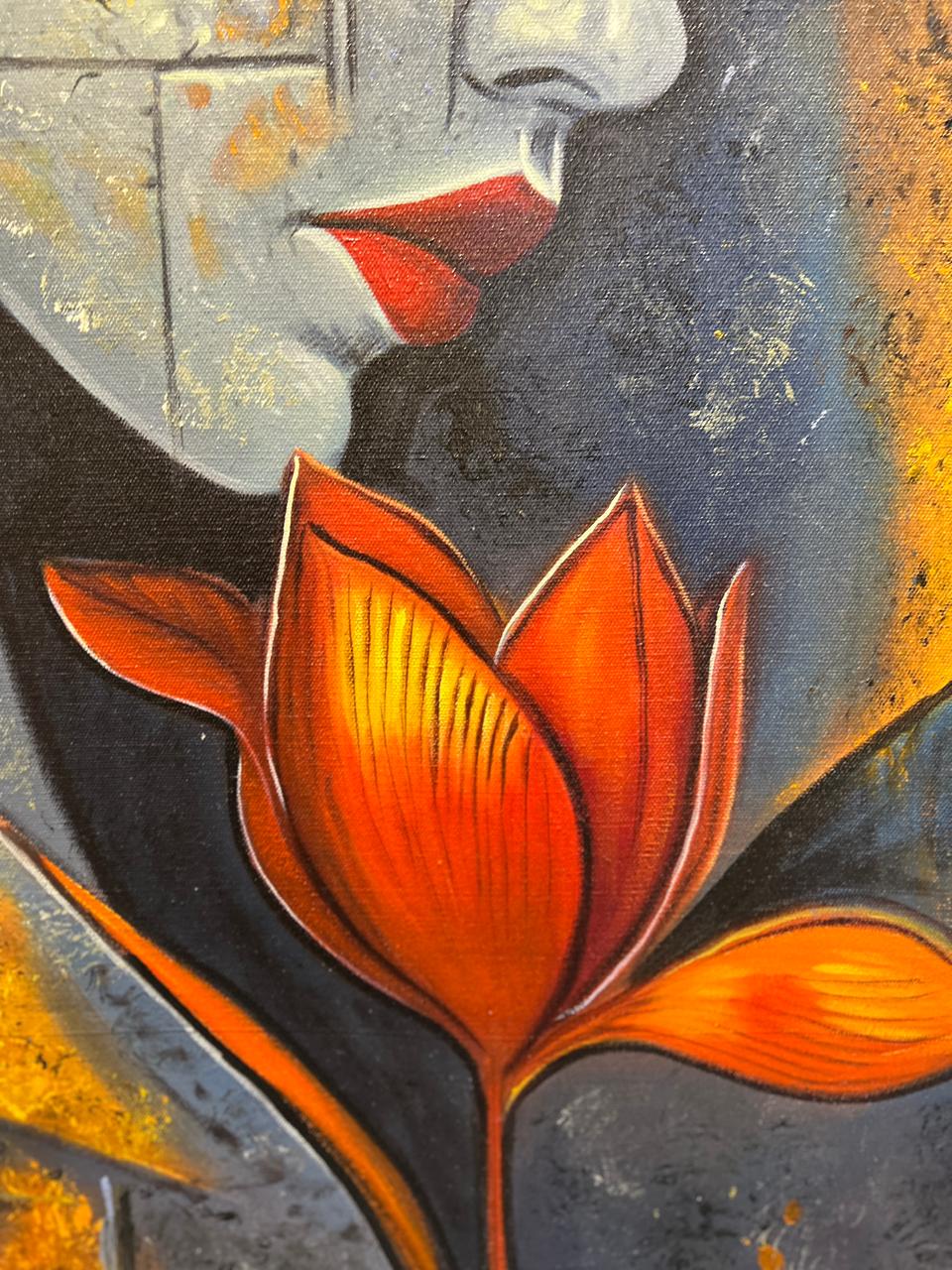Abstract Woman With Flower – Handmade Oil Painting 30×42 in