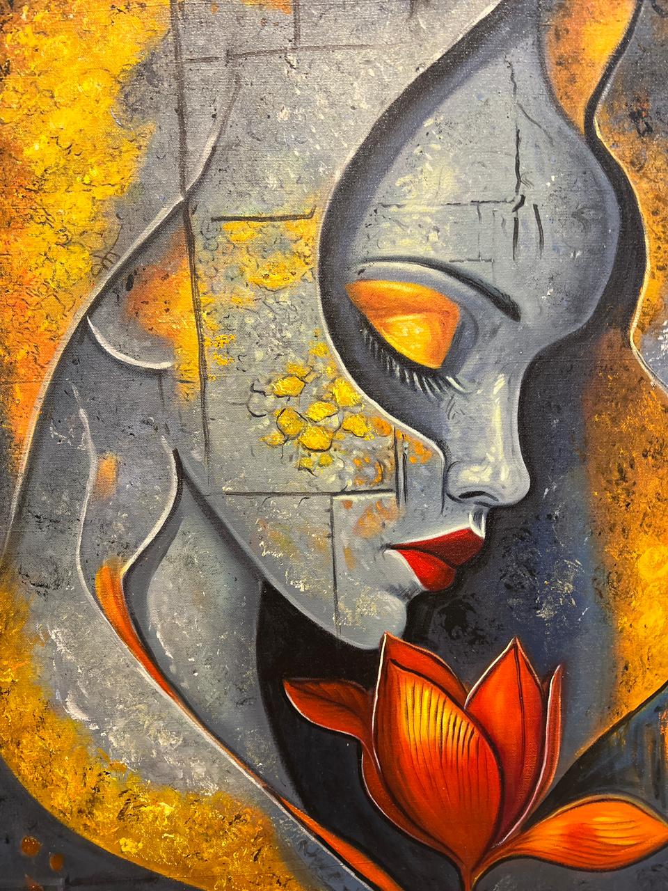 Abstract Woman With Flower – Handmade Oil Painting 30×42 in