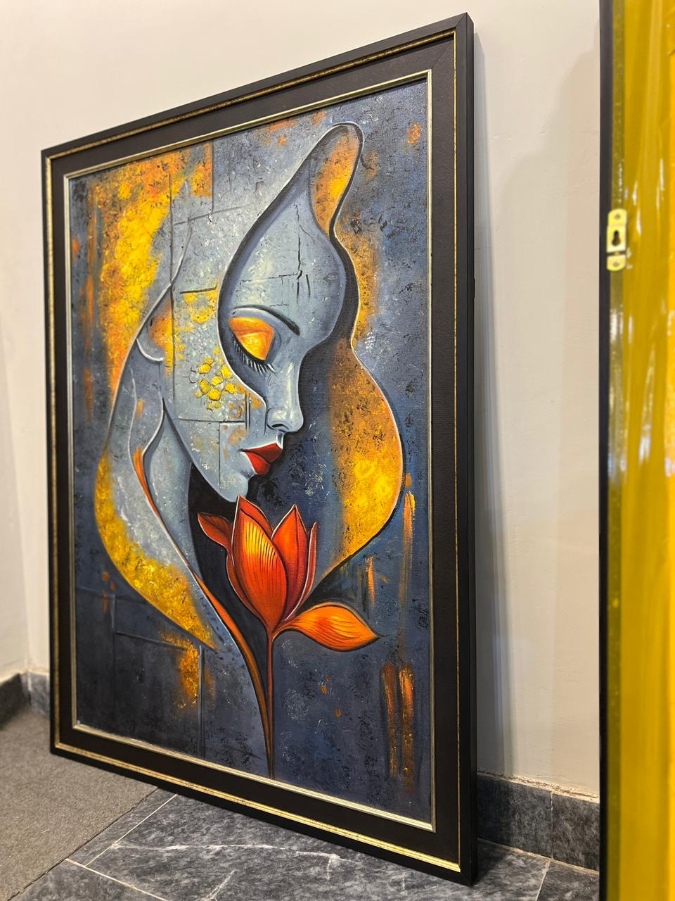 Abstract Woman With Flower – Handmade Oil Painting 30×42 in