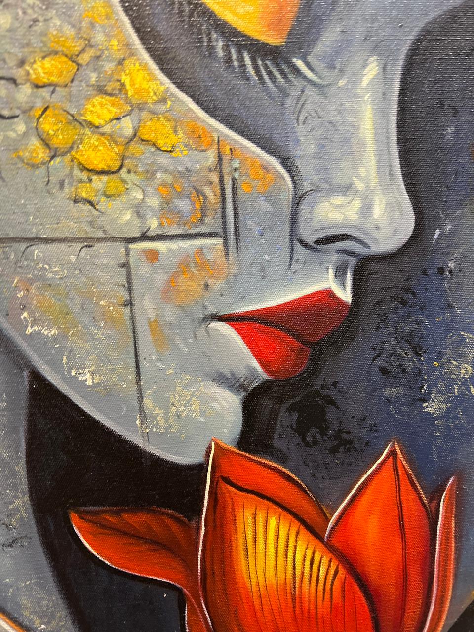 Abstract Woman With Flower – Handmade Oil Painting 30×42 in