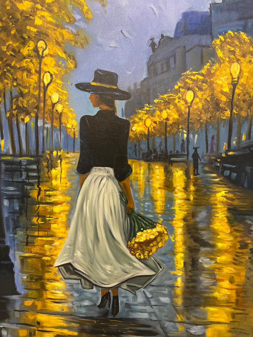 Moonlit Walk in Autumn – Handmade Oil Painting 30×42 in