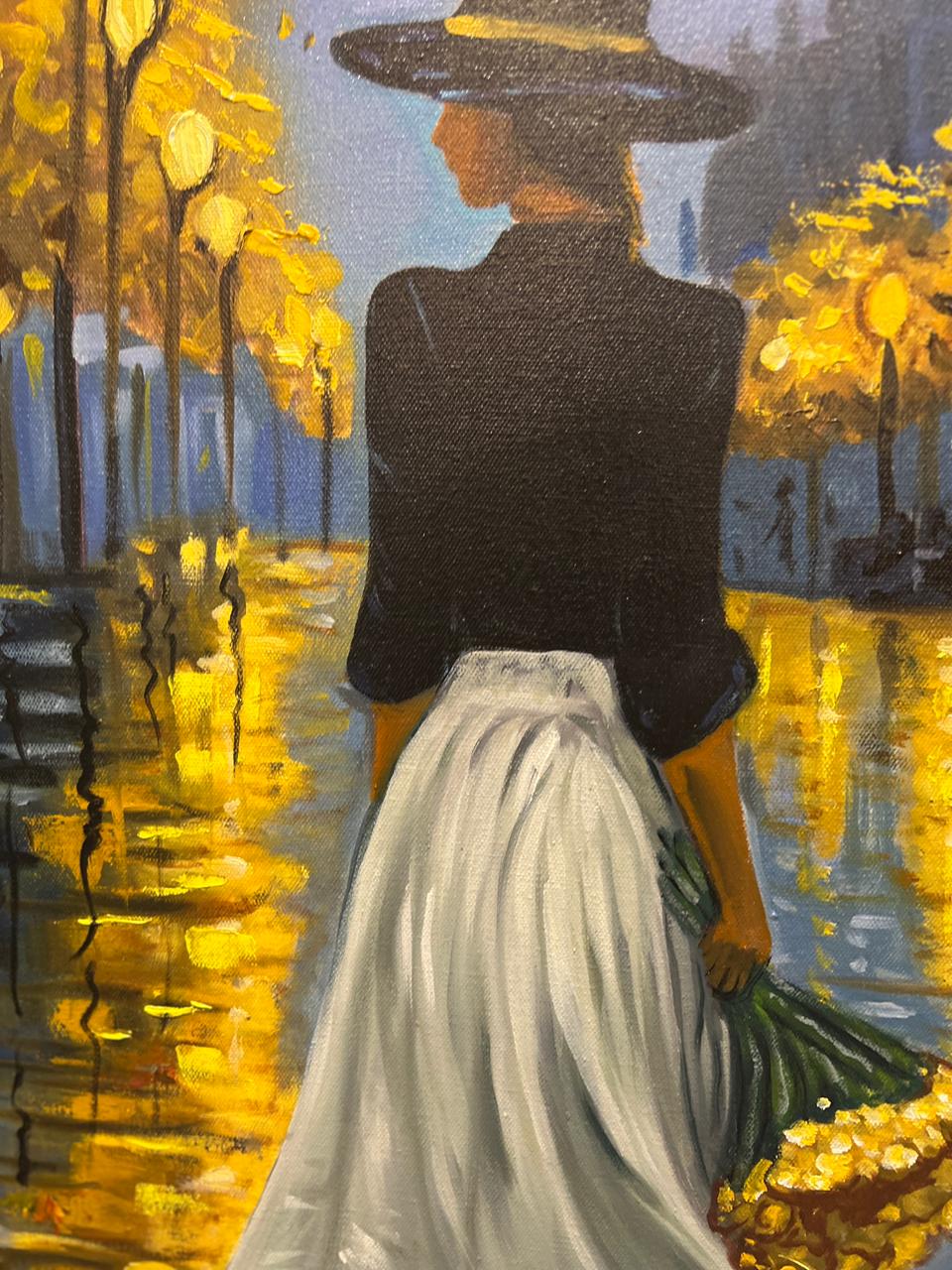 Moonlit Walk in Autumn – Handmade Oil Painting 30×42 in
