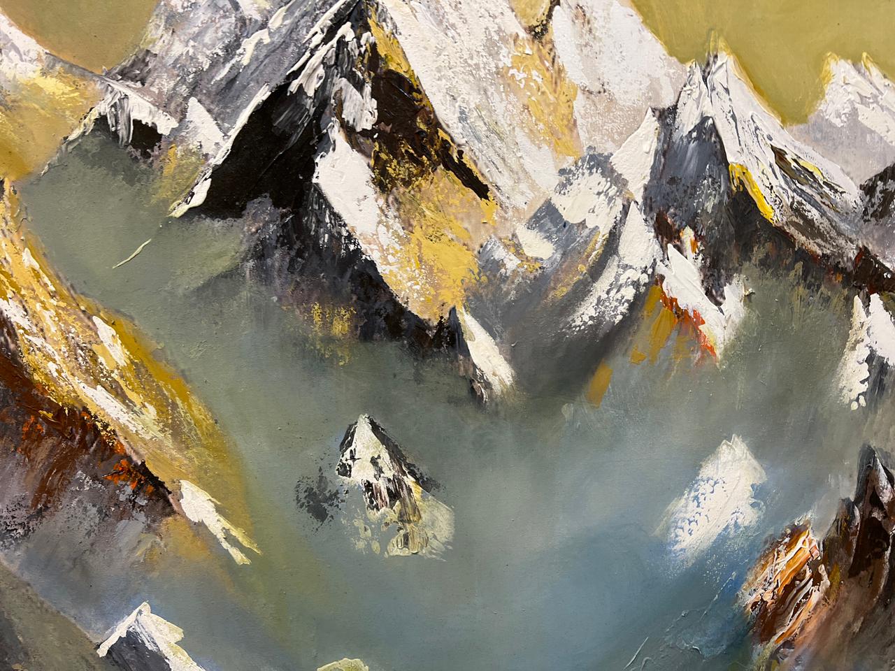 Golden Peaks – Hand-Painted Mountain Landscape Oil Painting (36 × 48 Inches, Framed)