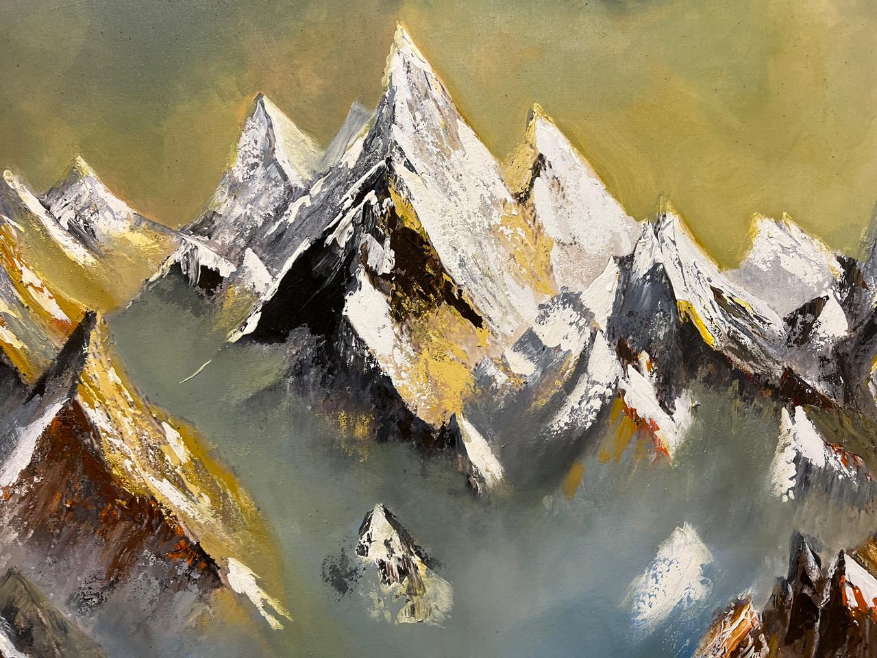 Golden Peaks – Hand-Painted Mountain Landscape Oil Painting (36 × 48 Inches, Framed)