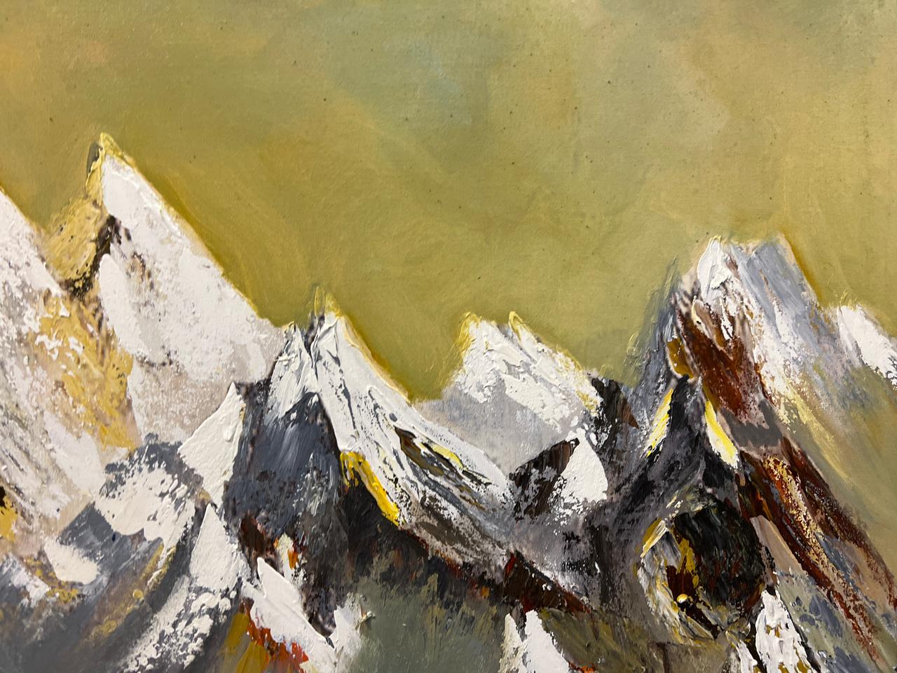 Golden Peaks – Hand-Painted Mountain Landscape Oil Painting (36 × 48 Inches, Framed)