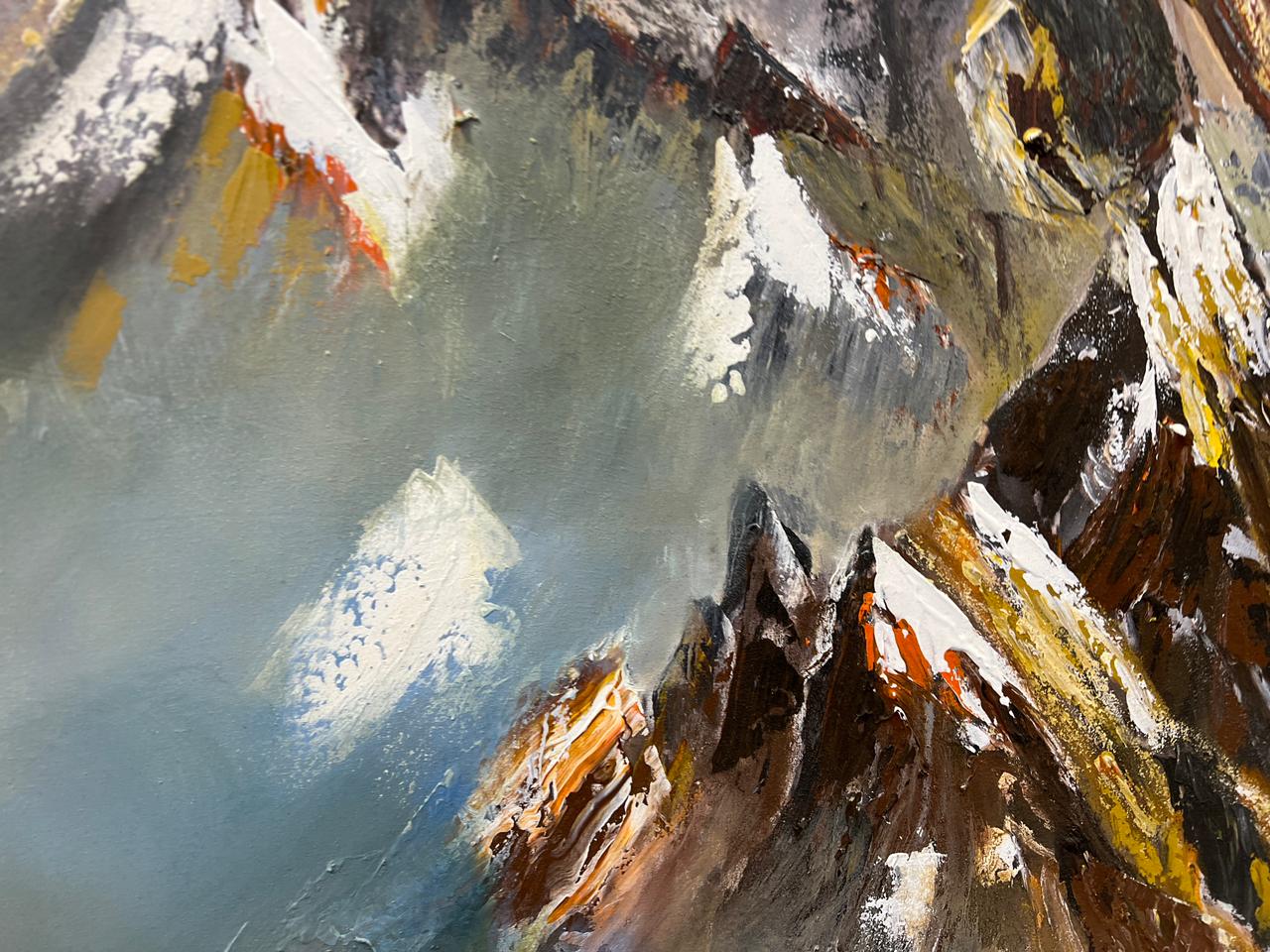 Golden Peaks – Hand-Painted Mountain Landscape Oil Painting (36 × 48 Inches, Framed)
