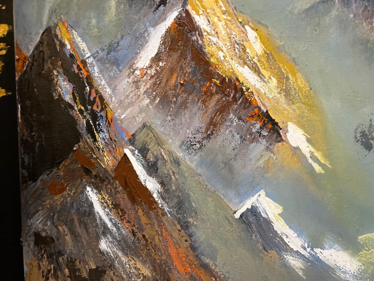 Golden Peaks – Hand-Painted Mountain Landscape Oil Painting (36 × 48 Inches, Framed)