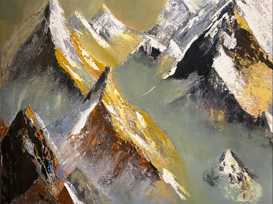 Golden Peaks – Hand-Painted Mountain Landscape Oil Painting (36 × 48 Inches, Framed)