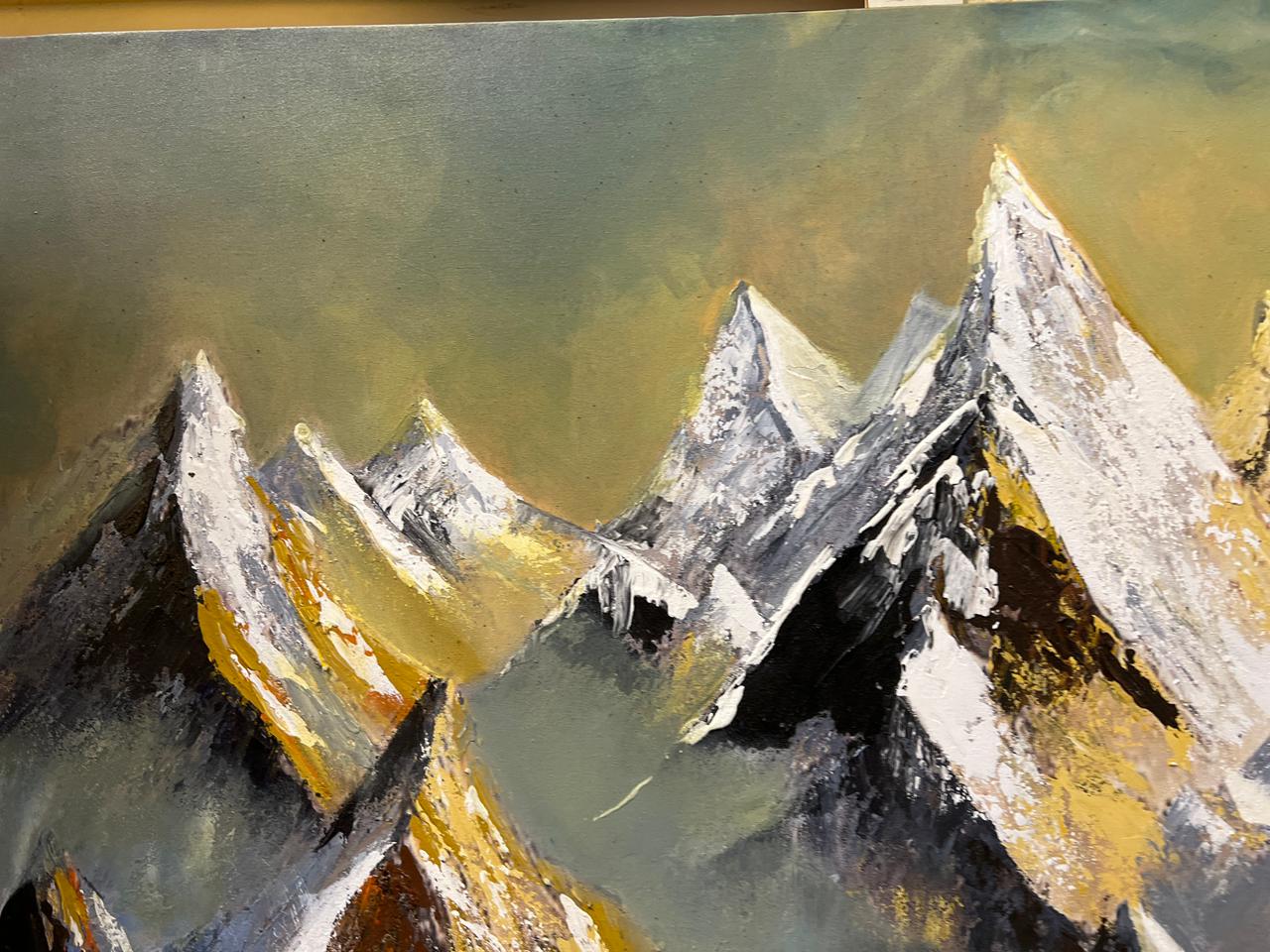 Golden Peaks – Hand-Painted Mountain Landscape Oil Painting (36 × 48 Inches, Framed)