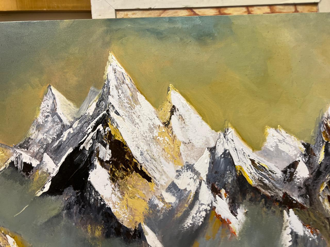 Golden Peaks – Hand-Painted Mountain Landscape Oil Painting (36 × 48 Inches, Framed)