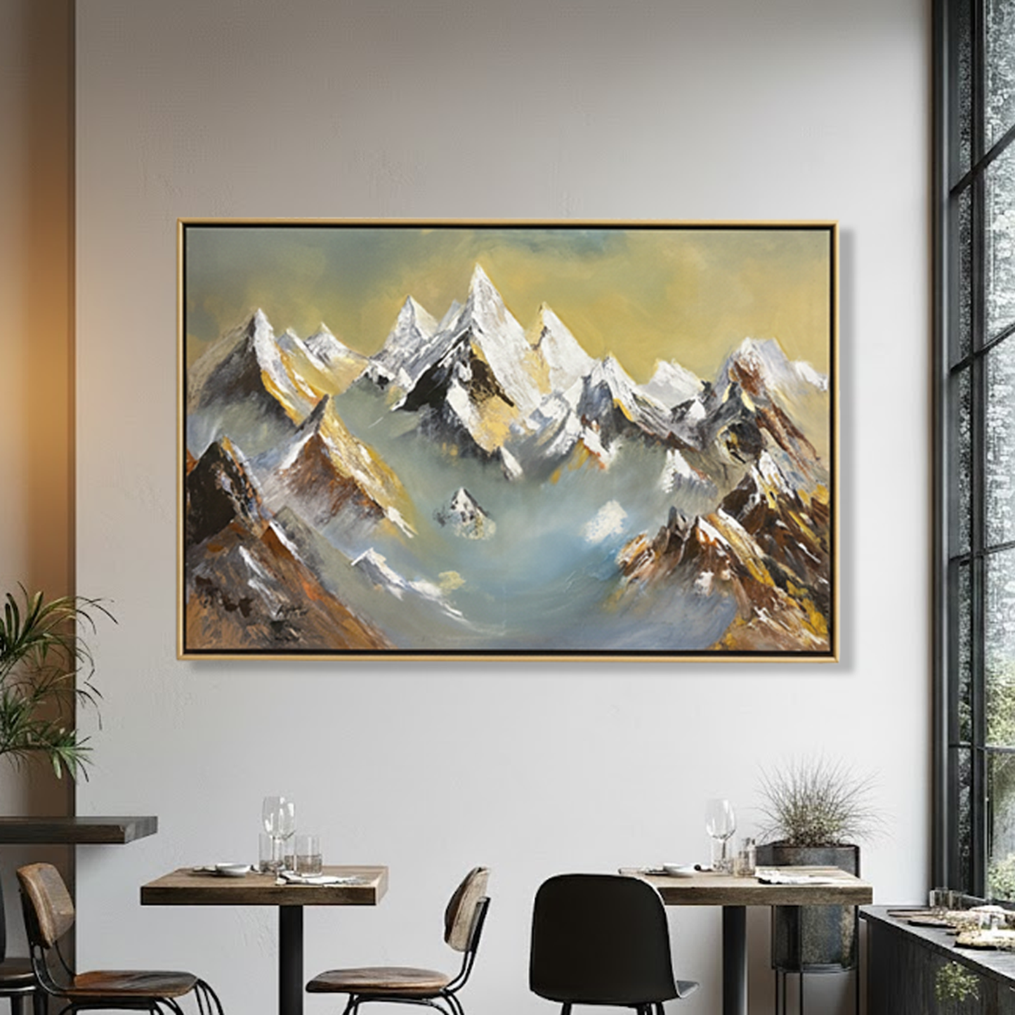 Golden Peaks – Hand-Painted Mountain Landscape Oil Painting (36 × 48 Inches, Framed)