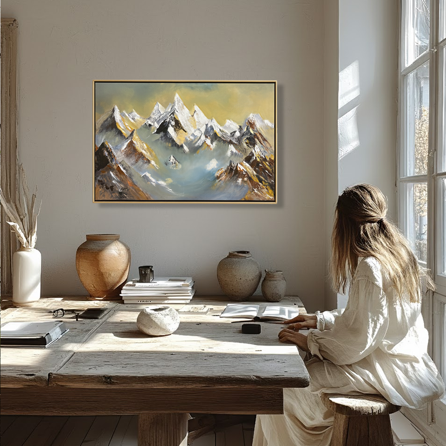 Golden Peaks – Hand-Painted Mountain Landscape Oil Painting (36 × 48 Inches, Framed)