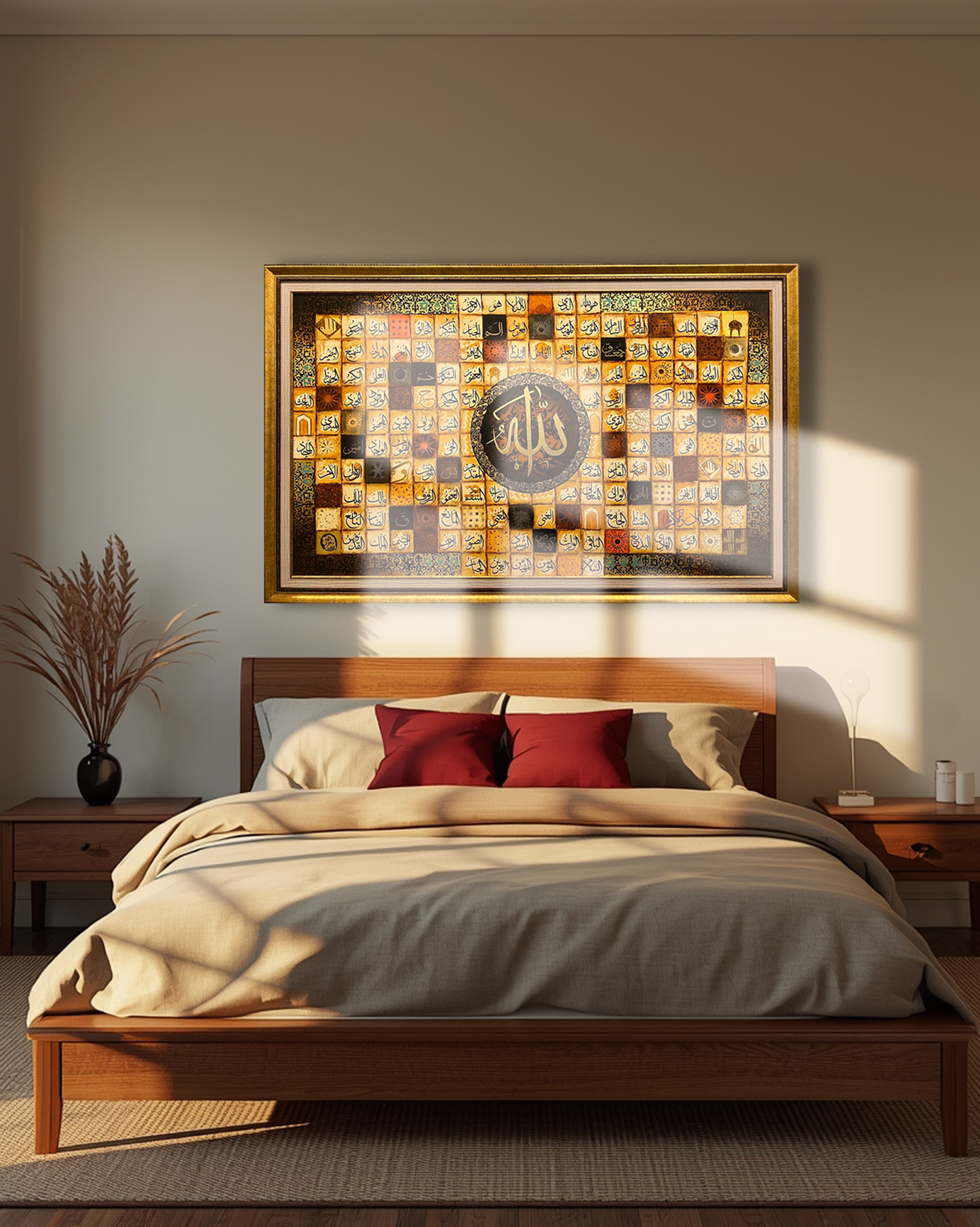 Asma-ul-Husna Islamic Calligraphy Wall Art with Central Allah Motif – Size 42 × 66 Inches
