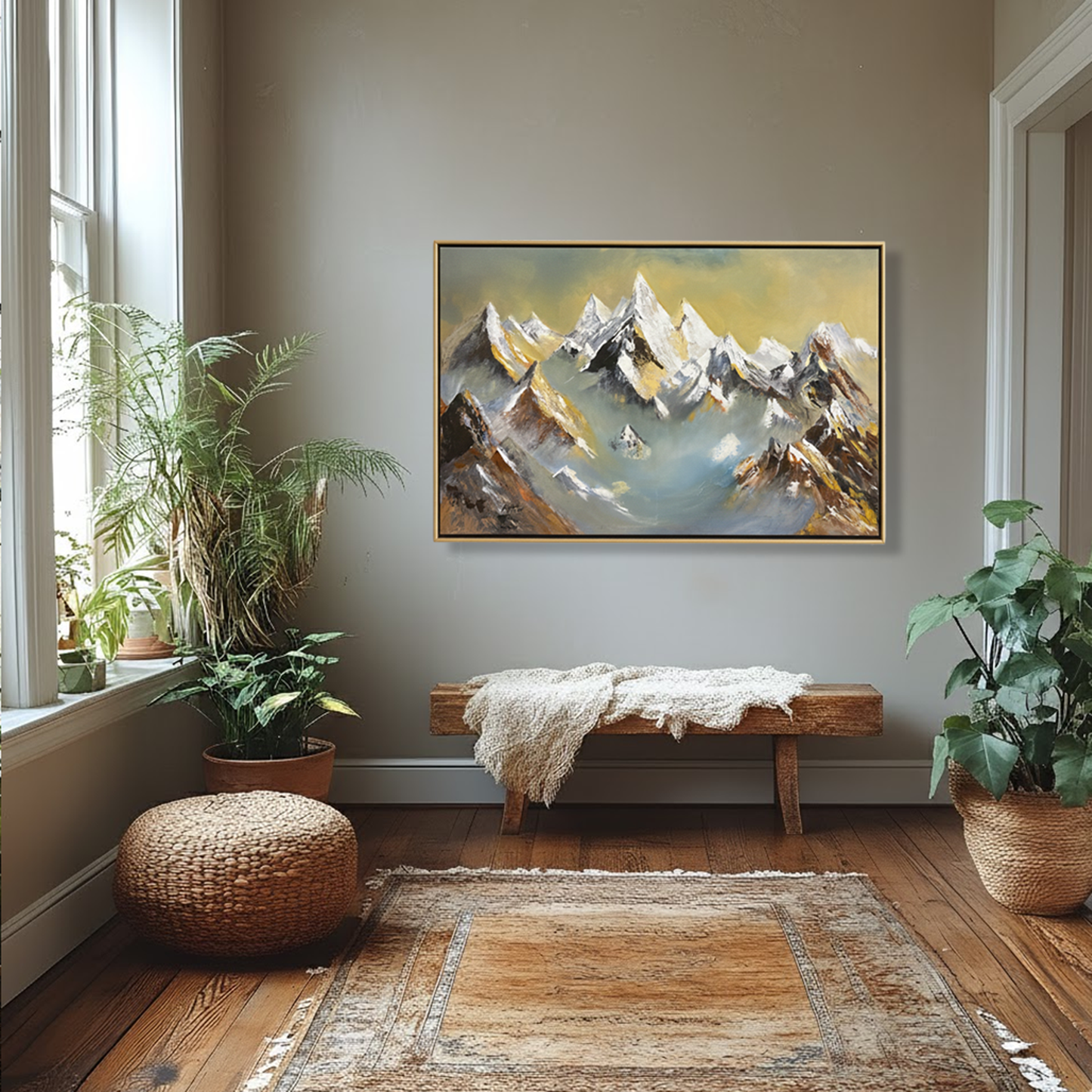 Golden Peaks – Hand-Painted Mountain Landscape Oil Painting (36 × 48 Inches, Framed)