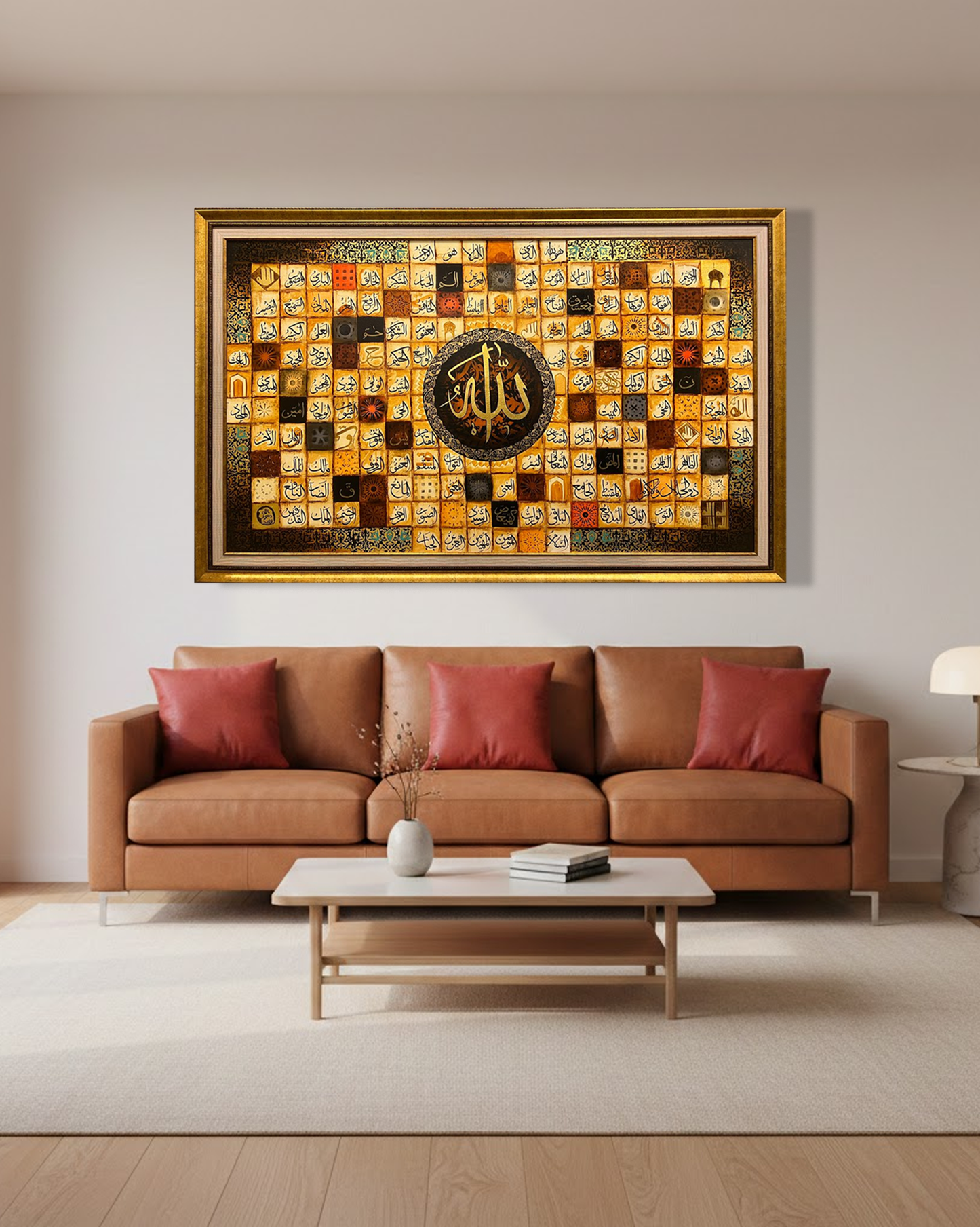 Asma-ul-Husna Islamic Calligraphy Wall Art with Central Allah Motif – Size 42 × 66 Inches