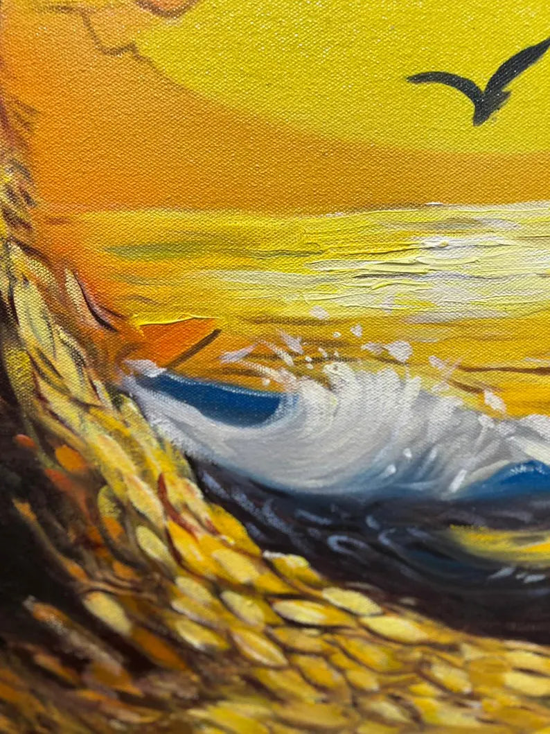 Handmade Oil Painting Wall Art – Sunset Tree Circle | Framed Canvas (32 × 44 Inches)