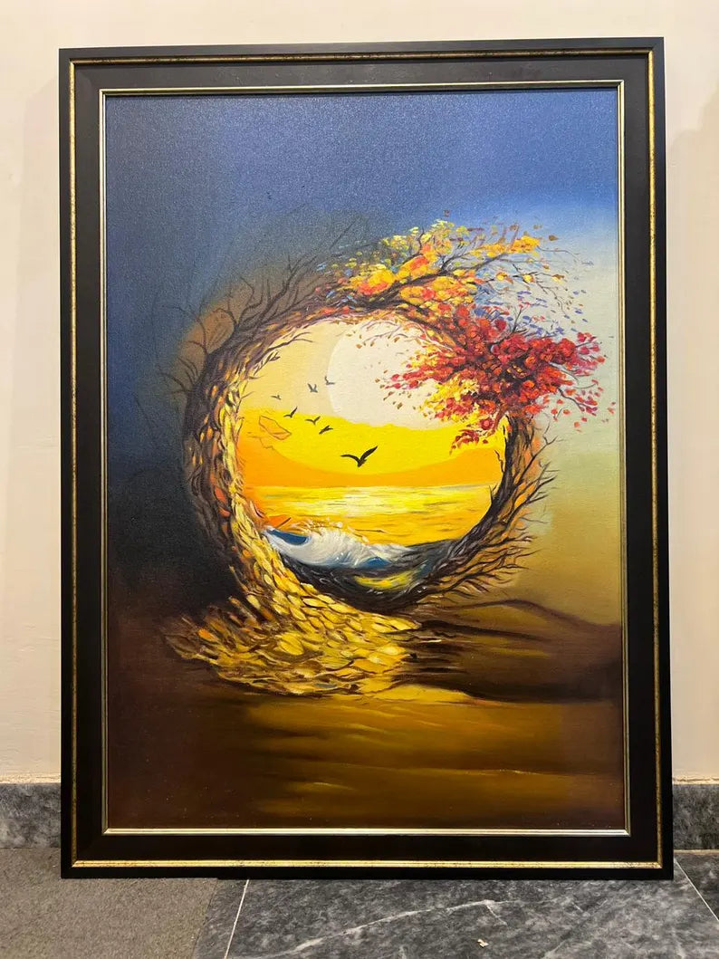 Handmade Oil Painting Wall Art – Sunset Tree Circle | Framed Canvas (32 × 44 Inches)